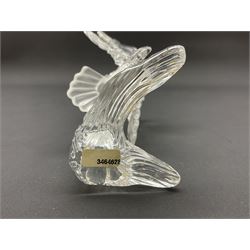 Swarovski Crystal animals, comprising white peacock, the tail with cascading blue flowers, perched eagle with yellow beak, ibex with frosted crystal horns and unicorn with frosted crystal horn, tallest H13cm