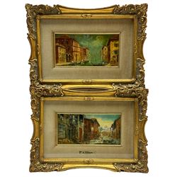 G Pignieri (Italian 20th century): Venetian Landscape, oil on board signed; Antonio (Italian 20th century): Canal Landscape with Gondoliers, oil on board signed, framed as pair 10cm x 20cm (2)