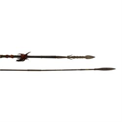 Tuareg tribe steel spear with inlaid brass work and a Northern Indian Naga barbed spear, longest L187cm 
