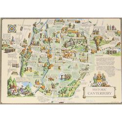 Estra Clark (British 1904-1993): 'Historic Canterbury', pictorial colour map of the City o...
