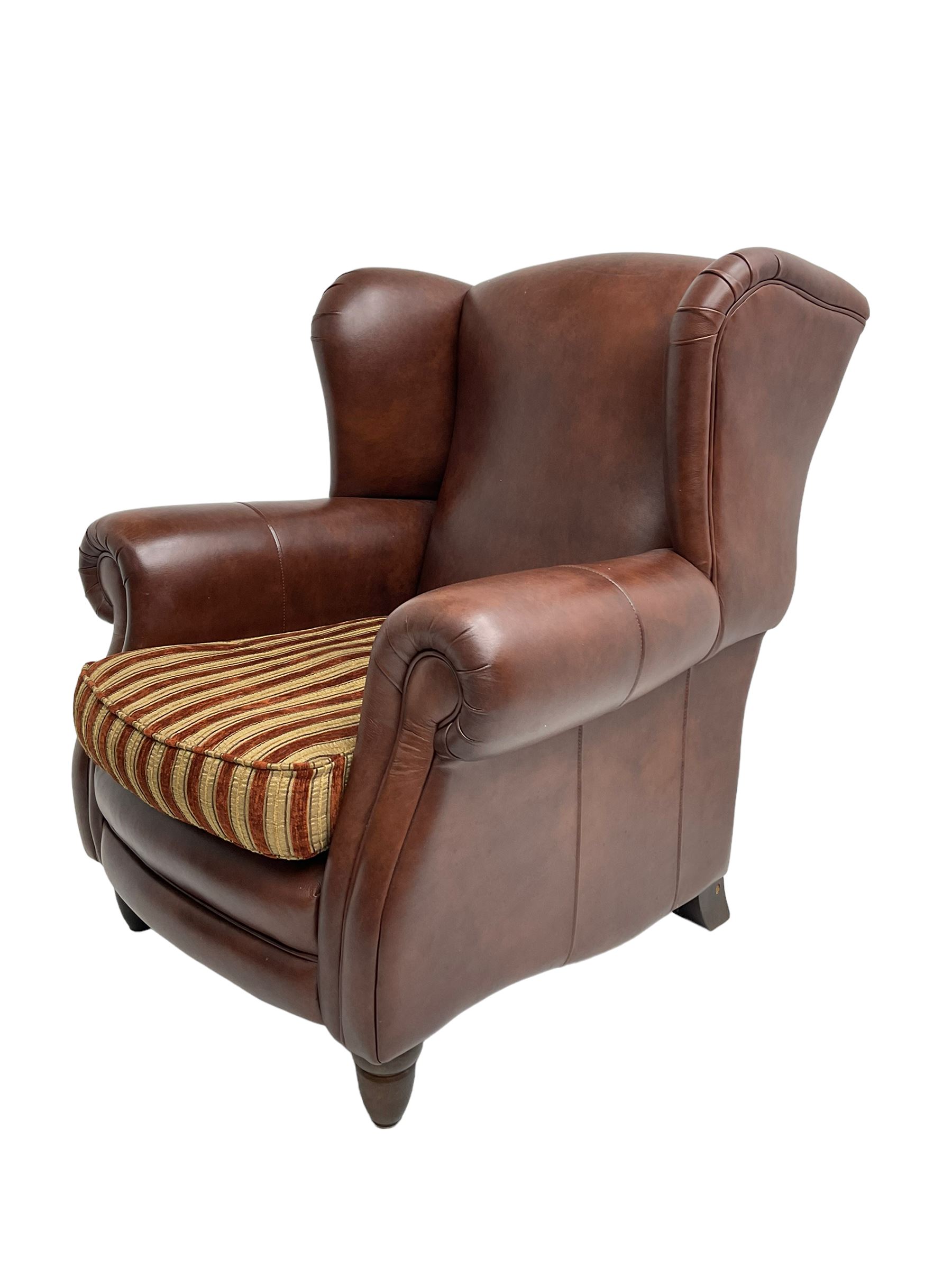 Gainsborough Lounge Suites - three piece leather and fabric lounge suite - pair two seat sofas (W225cm, H82cm, D105cm), and matching armchair (W88cm), on turned front feet with scatter cushions