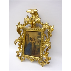  18th/ 19th century Continental giltwood frame, rectangular plate with beaded surround and openwork acanthus leaf scroll frame, with hand coloured engraving, H31cm x W20cm and a 19th century oval gilt gesso mirror, scroll cresting and beaded border (2)  