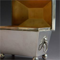 Early 20th century silver tea caddy, of sarcophagus form with twin lion mask mounted loop handles, upon four bun feet, hallmarked William Hutton & Sons Ltd, Birmingham 1913, H8cm, W9cm