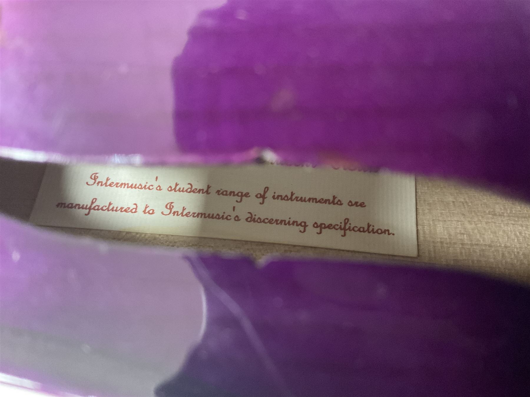 Intermusic 3/4 violin with a violet coloured solid wood body, ebonised fingerboard and fittings, bow and hard case, length 54cm