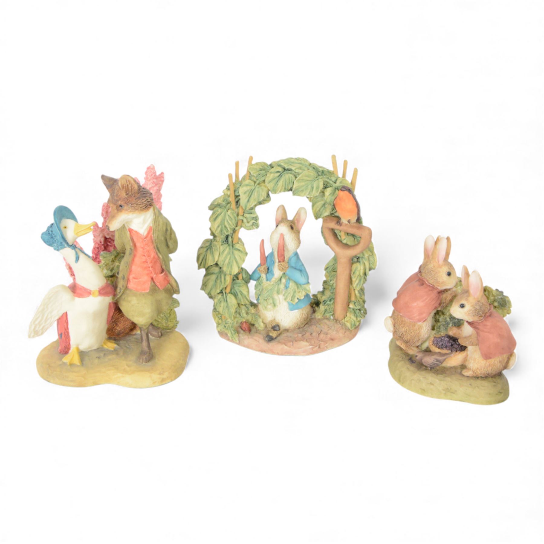 Nineteen Border Fine Arts 'The World of Beatrix Potter' figures, including musical Jemima Puddleduck, Tabitha Twitchet Brushing Kittens and Peter Rabbit in the Garden, all boxed