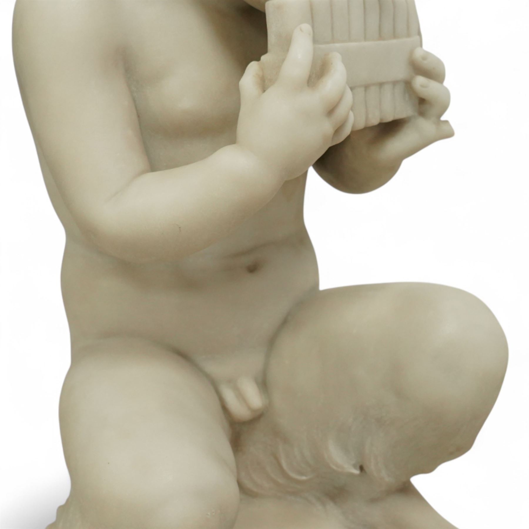 Follower of Claude Michel Clodion (French 1738-1814): The Putti-Faun Orchestra - set of four Italian carved white marble figures of child satyrs as musicians, each finely carved figure depicting a seated putto-faun with youthful features and small goat’s legs and cloven feet, variously playing rustic instruments: a syrinx (Panpipes), a flute, a tambourine and clappers - each raised on an integral waisted square plinth, Italian, circa 1900

Provenance: Kirkham Hall

Notes: Inspired by the rustic god Pan and his followers, these putti-fauns reflect the late-19th-century revival of classical themes popular with Grand Tour collectors; their instruments evoke the god Pan’s pastoral music, while the carving and  composition exemplify the appeal of bacchic subjects in the Italian neoclassical tradition