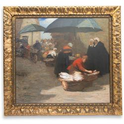 Mark Senior (Staithes Group 1864-1927): A Flemish Fishmarket, oil on canvas signed 90cm x 99cm 
Provenance: formerly in the collection of Mrs M.V. Hudson, the artist's daughter; Sotheby's London 10th May 1989 Lot 9; Christie's London 22nd November 1994 Lot 133; Christie's London 23rd November 2017 Lot 112. 
Exh. Royal Academy 1907, no. 886; exh. 'Mark Senior 1862-1927', Elizabethan Exhibition Gallery, Wakefield, 16th April - 2nd July 1983, no. 57. 
Notes: the Wakefield catalogue entry reads: 