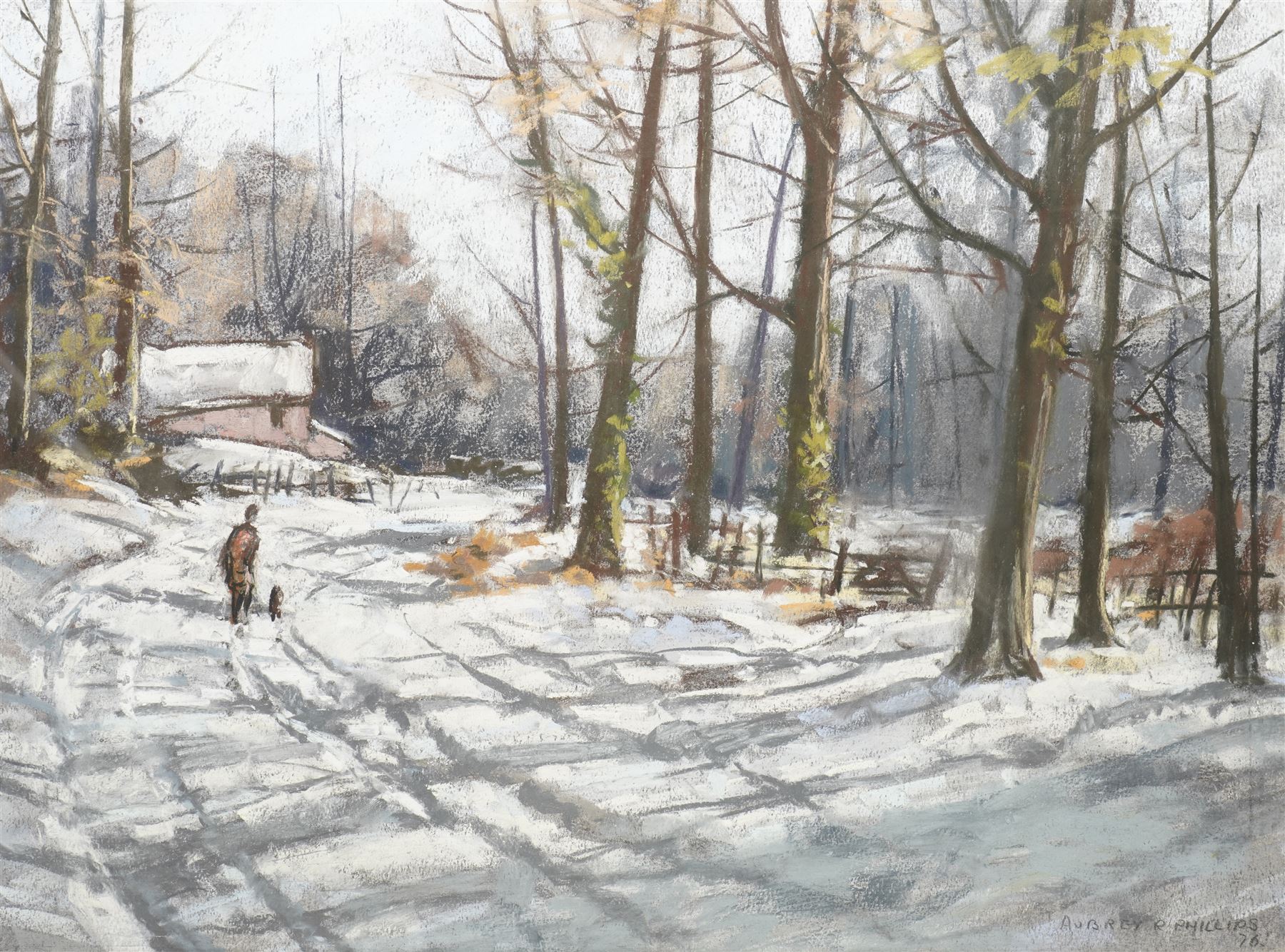 Aubrey R Phillips (Welsh 1920-2005): Walking the Dog on a Snowy Morning, pastel signed and dated '76, 51cm x 69cm