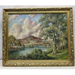 Herbert Newell 'Bert' Palmer (British 1900-1980): Rydal Water, oil on board signed and dated 1955  54cm x 68cm
Notes: better known as an actor, appearing in A Kind of Loving (1962), The Avengers (1961), Nearest and Dearest (1968), and Coronation Street, Bert Palmer was also an accomplished artist.