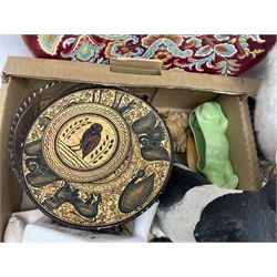 Sylvac green seated dog, together with pair Wade Heath vases, wall charger and other collectables, in two boxes  