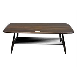 Lucian Ercolani for Ercol - mid-20th century elm 'Windsor' coffee table, rectangular top with rounded corners and chamfered edge, over an integral slatted undertier, on splayed tapering supports