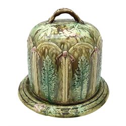 Victorian Majolica cheese dome and dish, decorated with a band of stiff leaf pattern in the Whieldon type pallet, H30cm