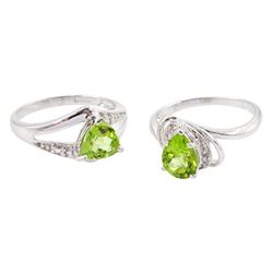 White gold pearl cut peridot and white zircon ring and one other single stone trillion cut peridot ring, both hallmarked 9ct