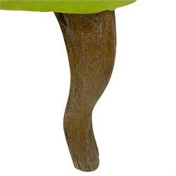Hardwood framed bedroom chair, curved back upholstered in lime green buttoned fabric, on cabriole front feet 
