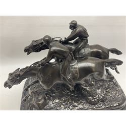 After E Loiscay, bronzed figure group, modelled as two race horses, signed E Loiscay, upon a stepped marble plinth, overall H28cm