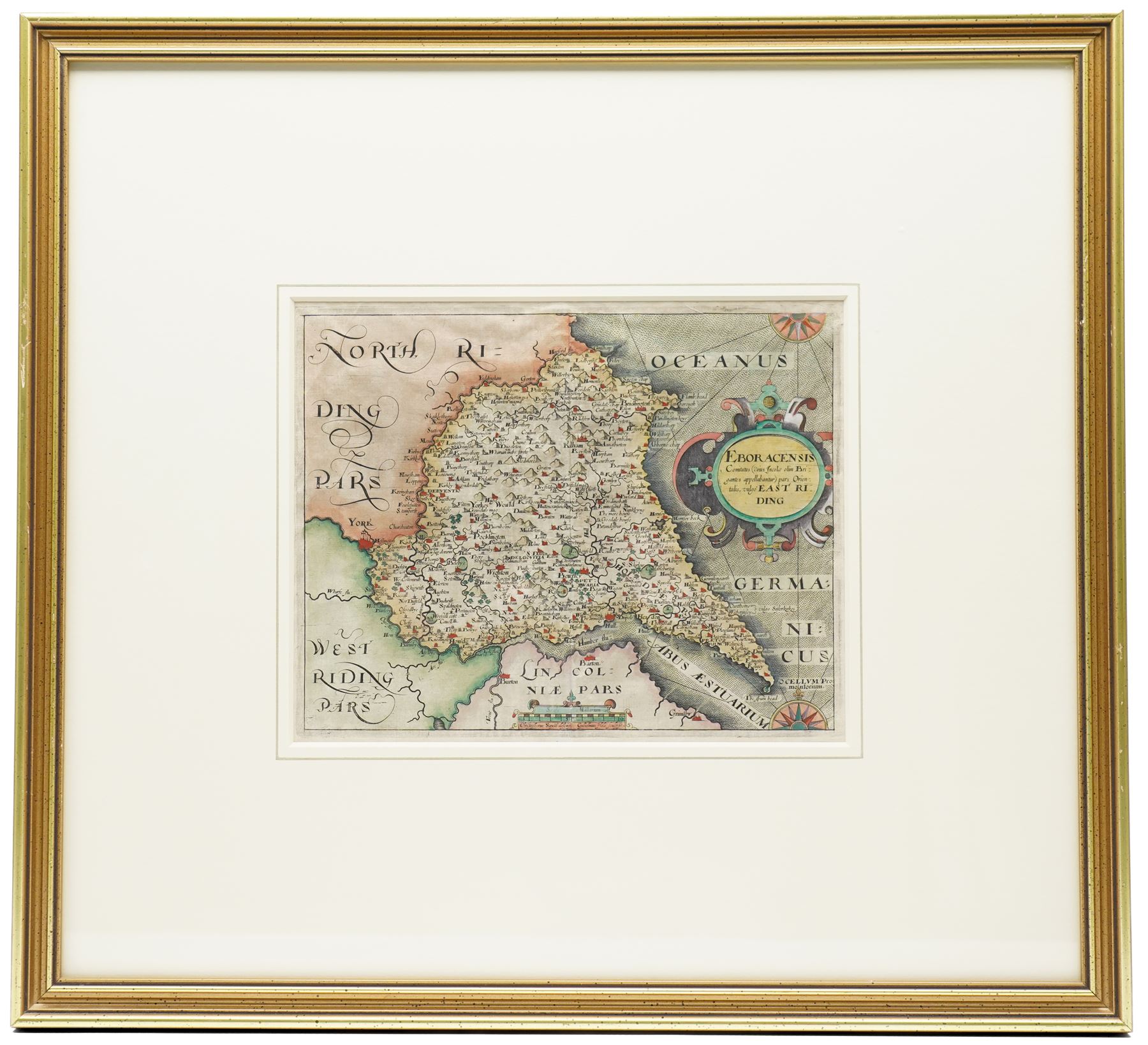 Gulielmus Hole (British ?-1624) and Christopher Saxton (British 1540-1610): 'Eboracensis Comitatus pars Orientalis vulgo East Riding', 17th century engraved map of the East Riding Yorkshire with hand-colouring pub. 'Camden's Britannia' c.1607, 21cm x 26cm