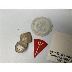 Royal Arms cloth arm adge as worn by Regimental Serjeant-Majors in Foot Guards; naval cap badge; WW2 Commando/Special Forces cloth badges; Home Guard and LDV shoulder titles; and other cloth badges including armoured division, 45th and 77th division, 52nd Lowland Mountain division etc; and 24th Infantry Brigade airmobile pennant