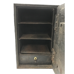  19th century cast iron safe, single door enclosing two shelves and a single drawer, W51cm, H81cm, D39cm, with key  