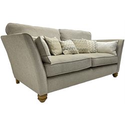 Oak Furnitureland - three-piece lounge suite upholstered in grey fabric, large three-seat sofa (W238cm, D106cm), two-seat sofa (W209cm), and snuggler sofa (W129cm)
