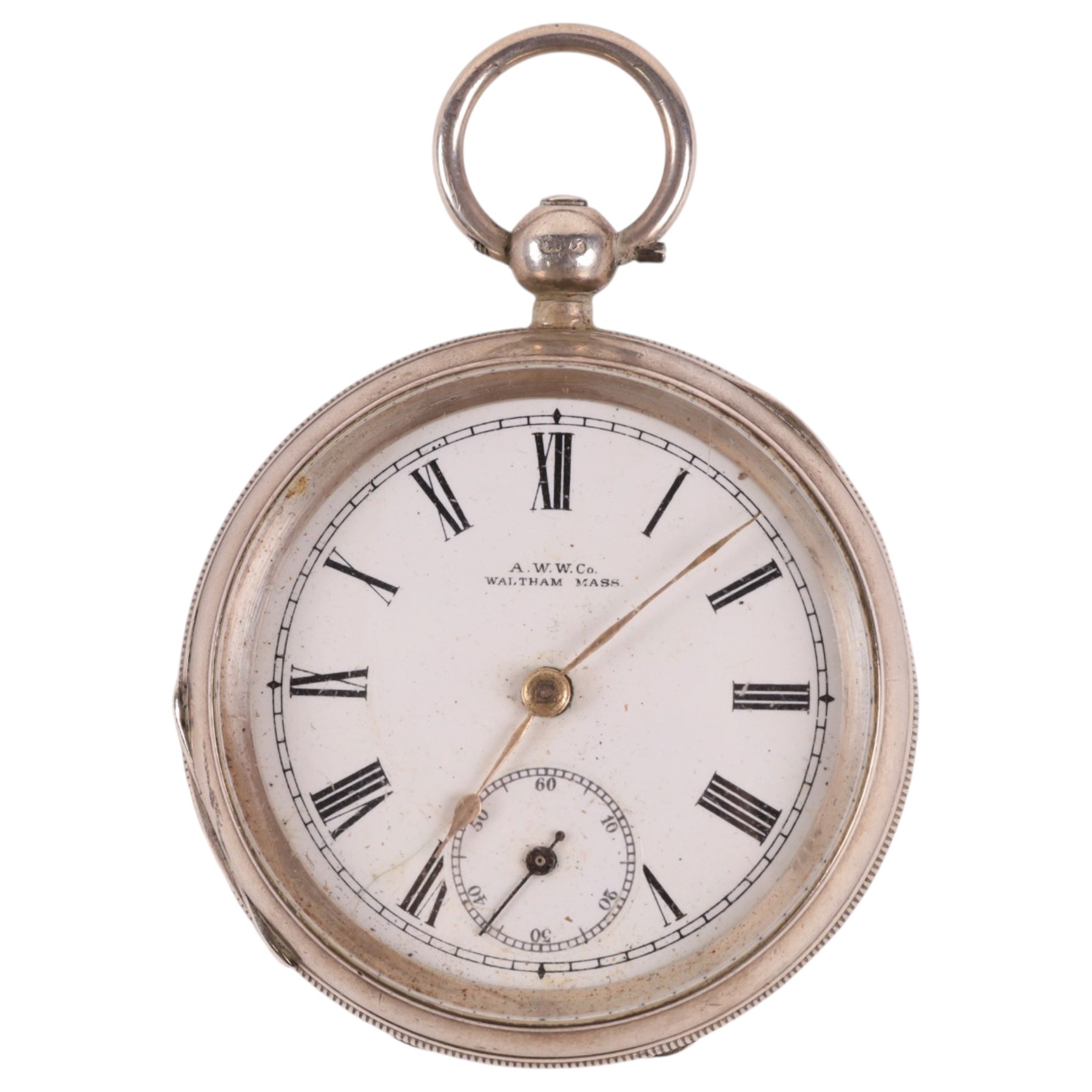 Silver AWW & Co Waltham Mass open faced pocket watch with subsidiary seconds dial, hallmarked