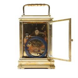 French-19th century 8-day quarter striking carriage clock with strike repeat in a Gorge case, white enamel dial with Roman numerals and steel spade hands, twin barrel movement striking the quarters and hours with two hammers on two coiled gongs to the backplate, silvered platform lever escapement with a jewelled balance and timing screws, with a full, strike, silent, and quarter selection lever to the base. 
Serial number 18874.