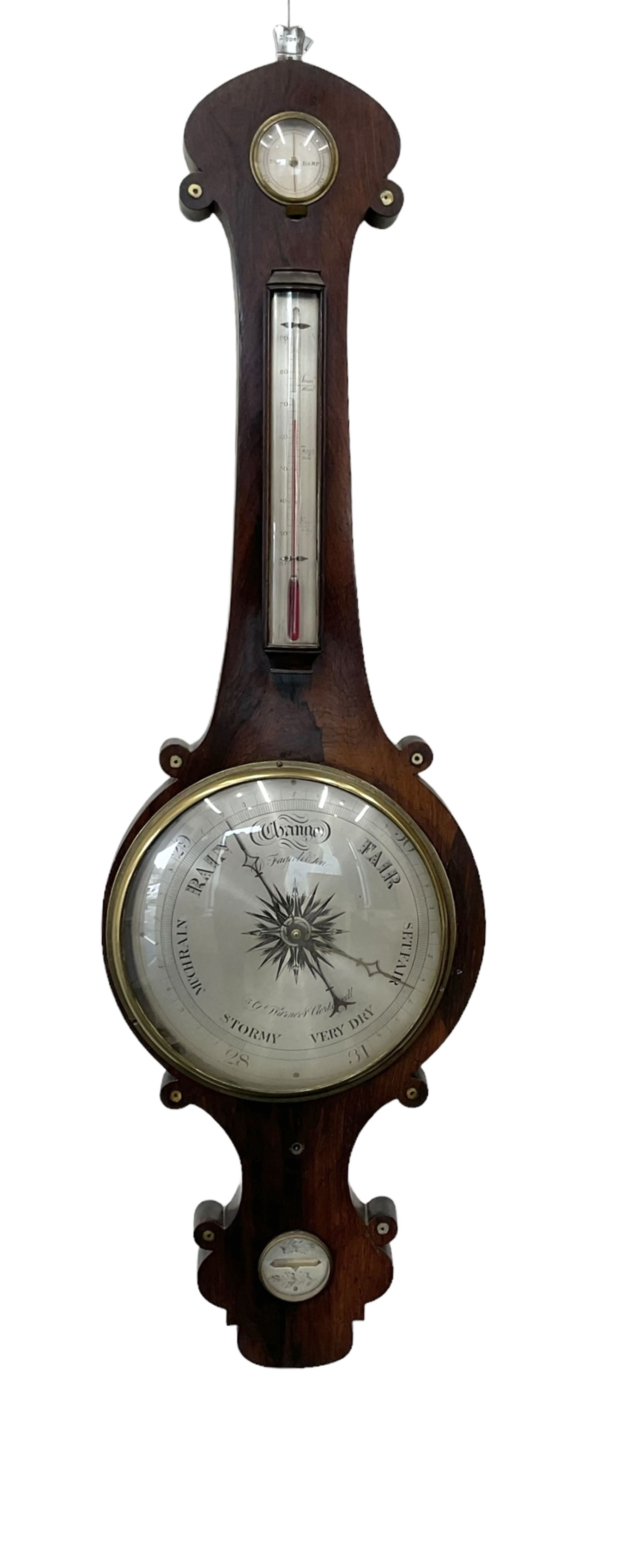 Late 19th century rosewood mercury barometer retailed by G Warners Clerkenwell, with a 10” dial silvered register signed by the Italian maker D Fagioli & son, with hygrometer, level bubble and spirit thermometer, brass recording hand and steel indicating hand.
Mercury tube with counterweights and pulleys intact. Mercury present.
