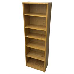 Light oak 6' open bookcase, five adjustable shelves