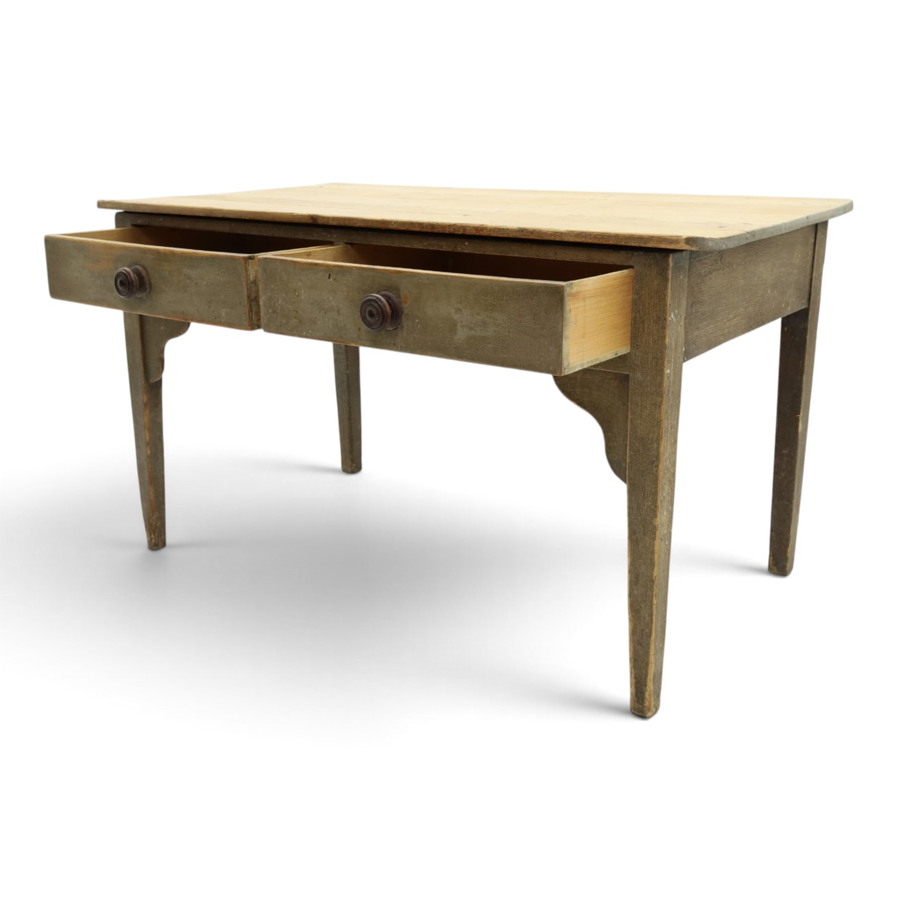 19th century stripped and painted rustic pine table, rectangular triple plank top fitted with two drawers, raised on square tapering supports