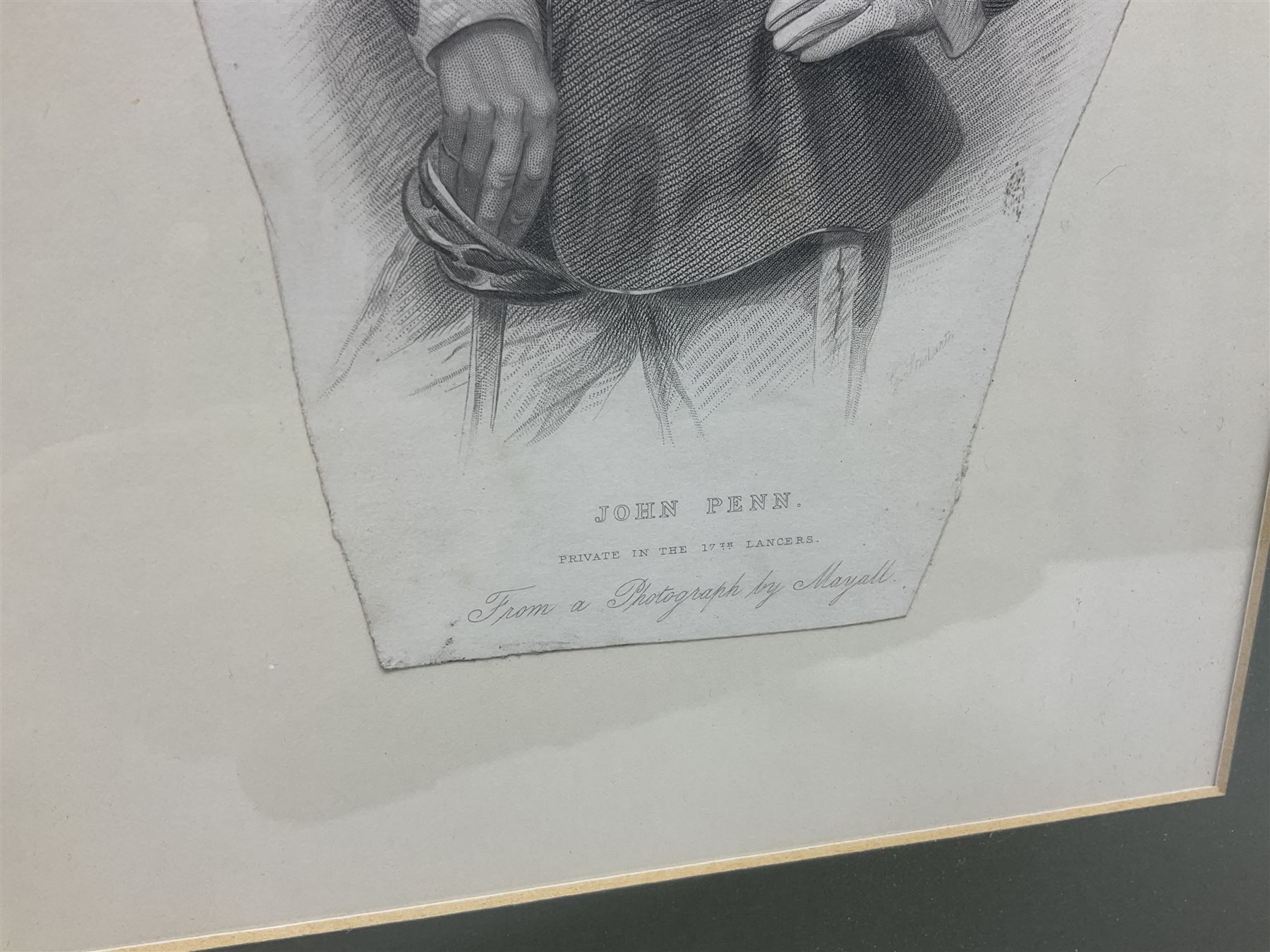 After Ackermann, Crimean War colour print in the Cobham Scenes series entitled '17th Light Dragoons (Lancers)', 15 x 19cm, Hogarth type frame; 19th century engraving of John Penn Private in the 17th Lancers, gilt frame; and oakframed colour print of a Napoleonic War scene (3)