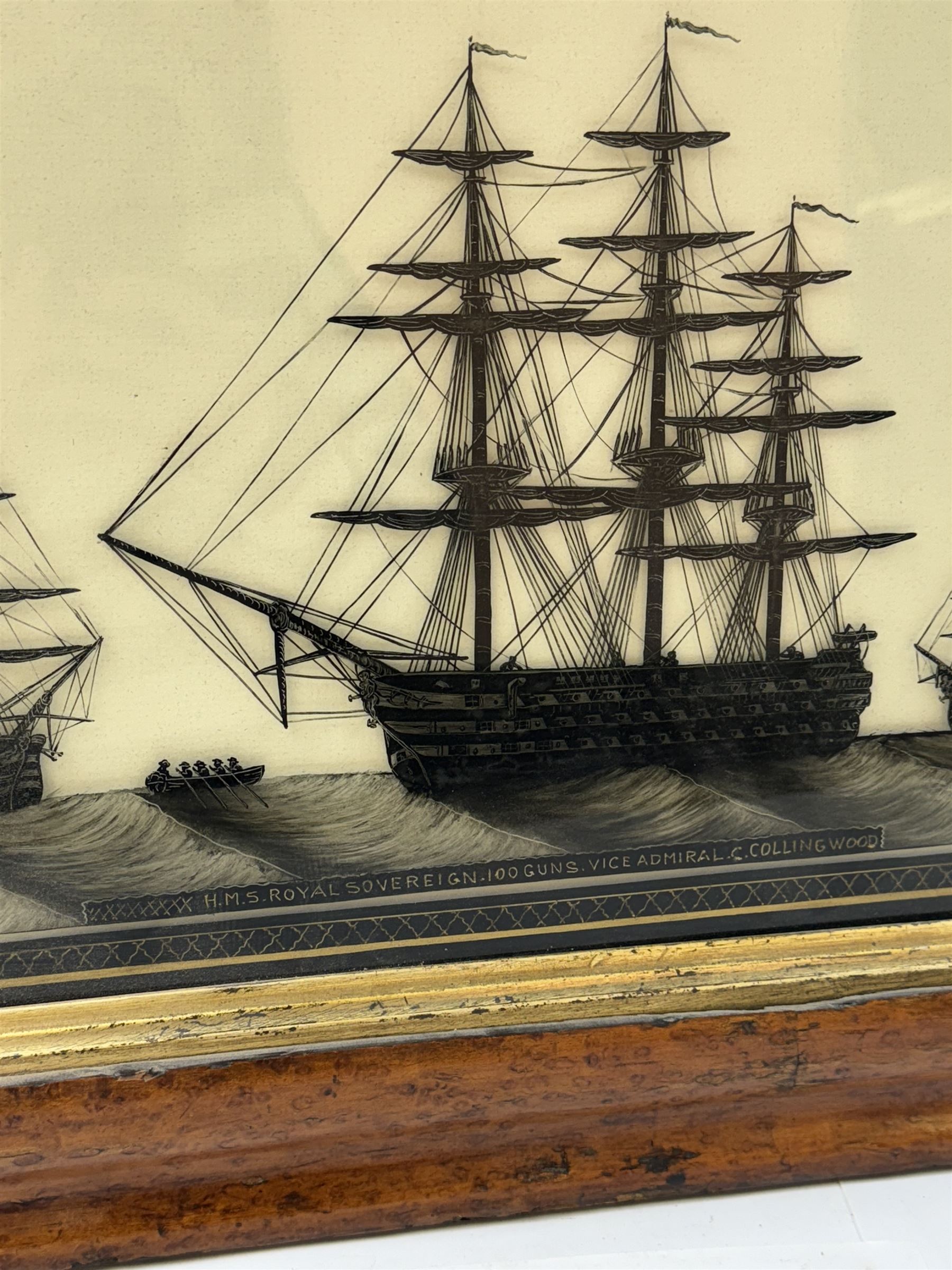 19th century monochrome ship silhouette, reverse painted on glass, within Verre Eglomise border inscribed 'HMS Royal Sovereign 100 Guns Vice Admiral C.Collingwood', in a birds eye maple frame, painting H31cm, W41cm