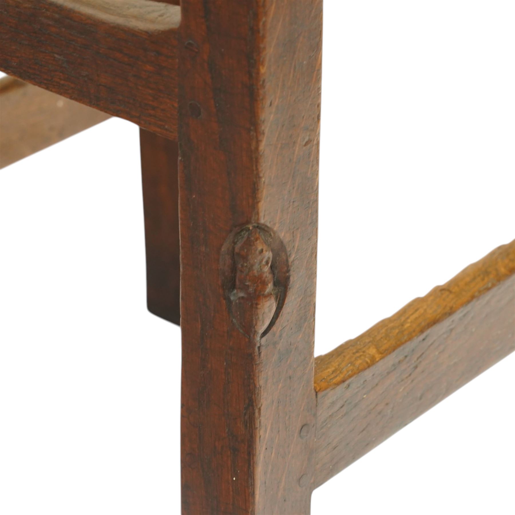 Mouseman - circa 1940/50's oak bar stool, square top with shaped apron carved with initial, raised on four tapering square legs, joined by rails, with carved mouse signature, by Robert Thompson of Kilburn, initialled with provenance from the Old Hall, Thornton-le-Dale, North Yorkshire, further info to follow