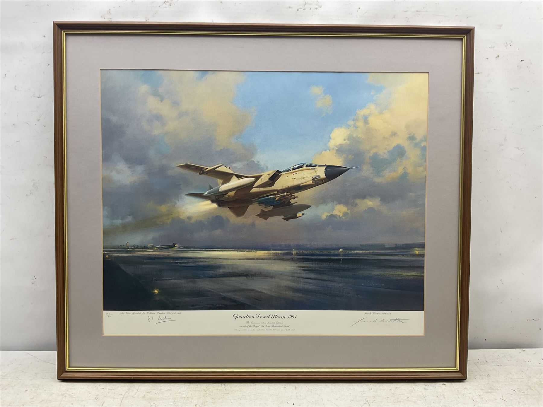 Collection of aviation prints, including Frank Wooton: Operation Desert Storm, signed in pencil; John Diamond: Tens, signed in pencil; Gerald Coulson: Lancaster Bomber; and Barrie AF Clark: Spitfire (4)
