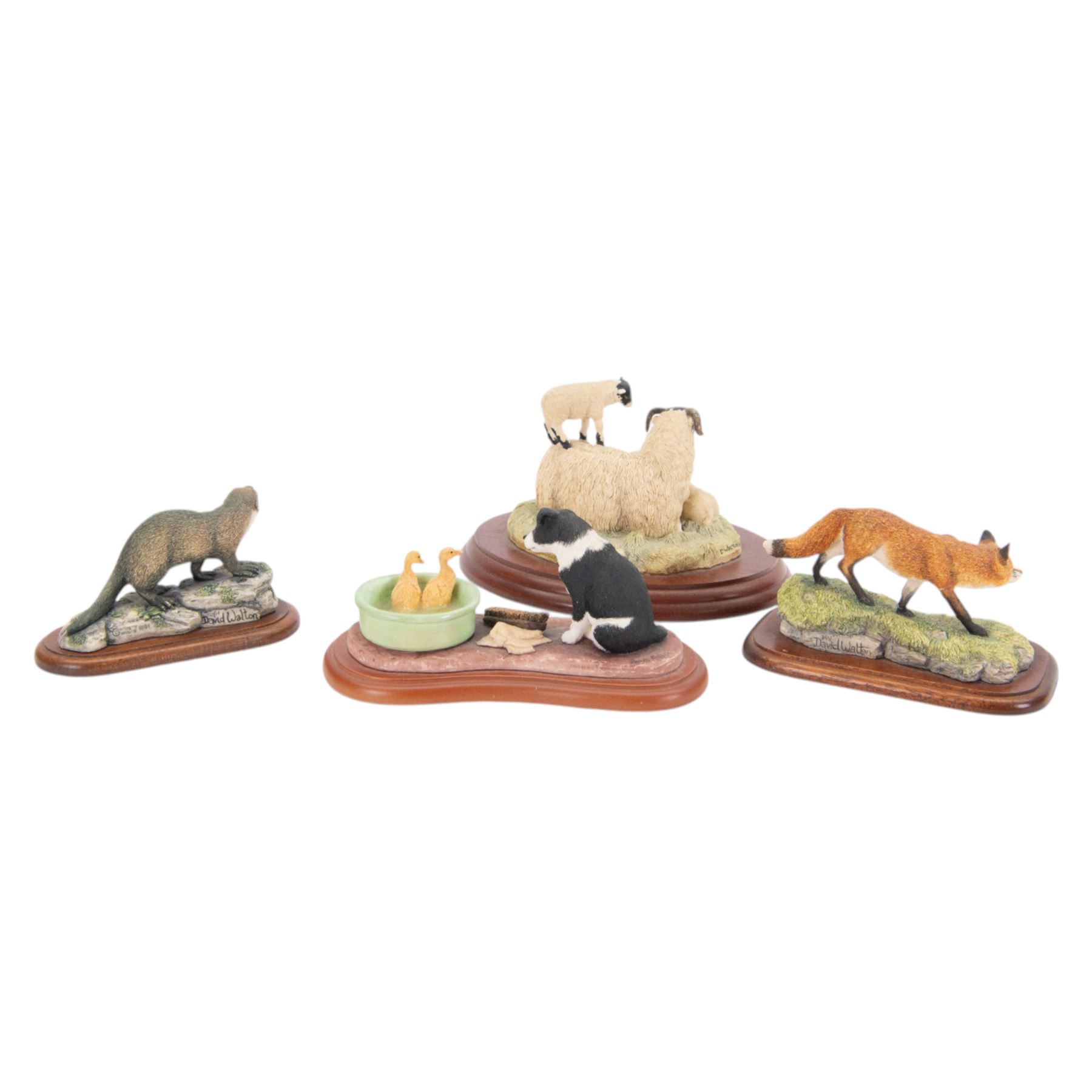Seven Border Fine Arts animal figures, comprising Otter, Fox, Mummy's Boys, Wash Day, On The Farm, King of the Castle and Ewe & Lambs, all on wooden plinths