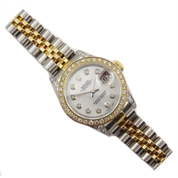  Rolex Oyster Perpetual Datejust chronometer ladies bi-metal wristwatch with mother of pearl dial, diamond hour markers, bezel and lugs model 69173 serial no R395211 boxed with tag  