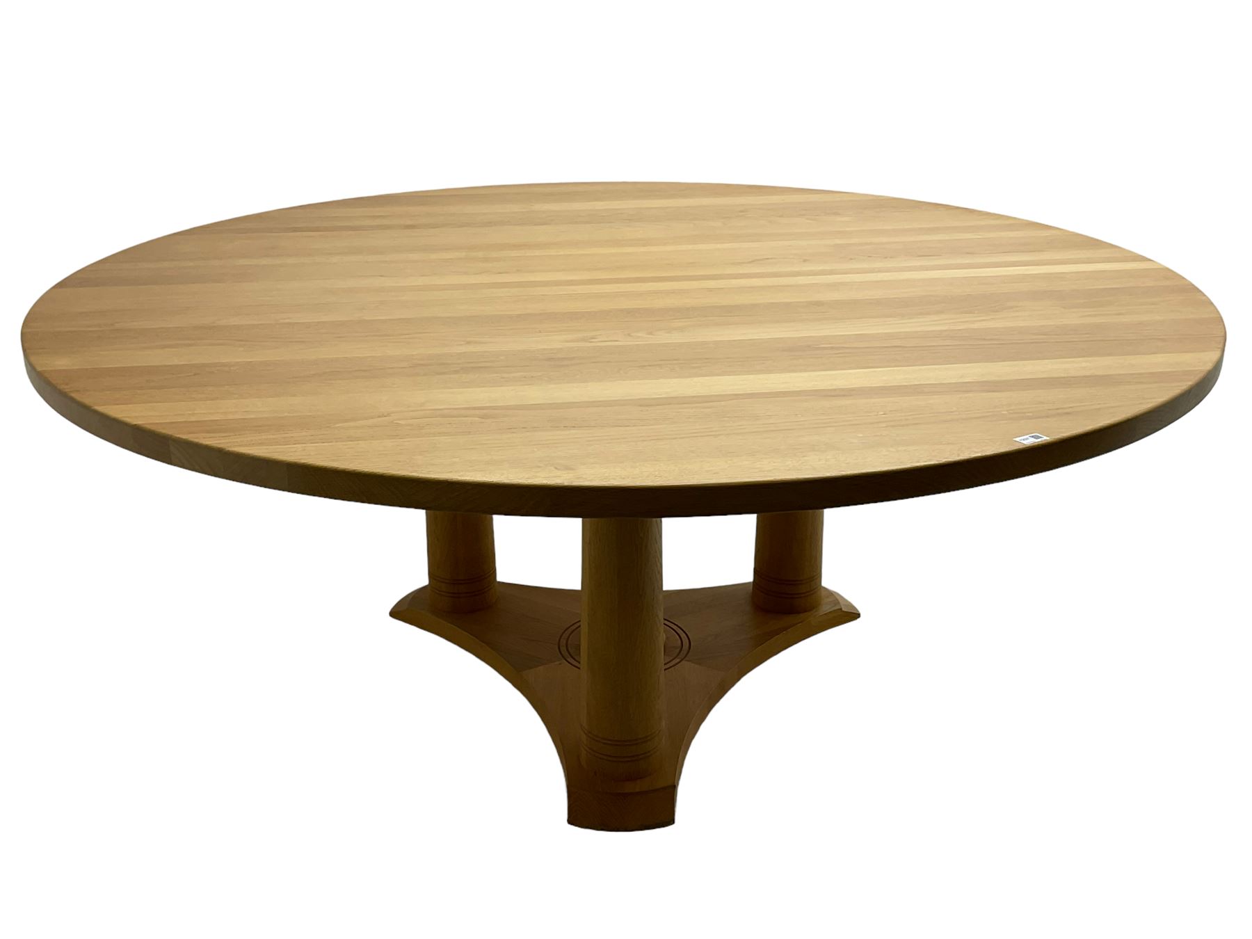 Chris Berry for Berrydesign - contemporary bespoke solid light oak dining table, circular top over ring turned triple pedestal with triform base