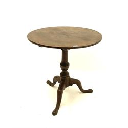 19th century mahogany tripod table, trained on turned column and shaped supports 