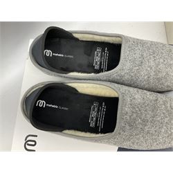 Two pairs of Mahabis slippers, comprising Mahabis curve grey and black slippers size EU42 and Mahabis classic grey and black slippers, both new in box