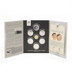 The London Mint Office 'Their Finest Hour The Official Battle of Britain 75th Anniversary Commemoratives' seven medallion set, including 9ct gold 6.4 grams proof commemorative, housed in a folder with certificates
