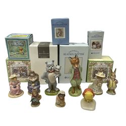 Two Royal Doulton Brambly Hedge figures comprising ‘Mrs Saltapple’ and ‘Poppy Eyebright’, Royal Albert Beatrix Potter ‘Foxy Whiskered Gentleman’ and ‘Mr Benjamin Bunny’, all with boxes, two Border Fine Arts Beatrix Potter figures comprising ‘Mrs Tiggywingle’ and ‘Mrs Rabbit’, Royal Doulton ‘Spike and Tyke’ and ‘Winnie Pooh and Footprints’ both with boxes, all marked beneath