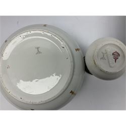 Early 20th century Bishop and Stonier four piece toilet set, comprising washbowl, wash jug, toothbrush pot, and chamber pot, each  decorated with deep blue band and husk swags and festoons in gilt, with printed Caduceus Bisto marks beneath and printed retailers mark 'Manufactured for Harrods Limited London', wash bowl D43cm, wash jug H31.5cm