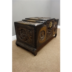  20th century heavily carved chest with camphor lining, W109cm, H60cm, D56cm  