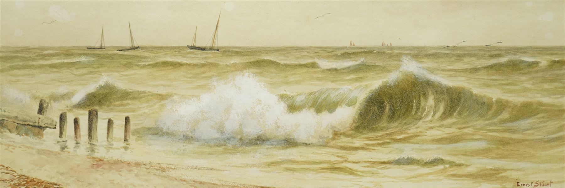 Ernest Stuart (British 1889-1915): Breaking Waves, watercolour signed 18cm x 51cm