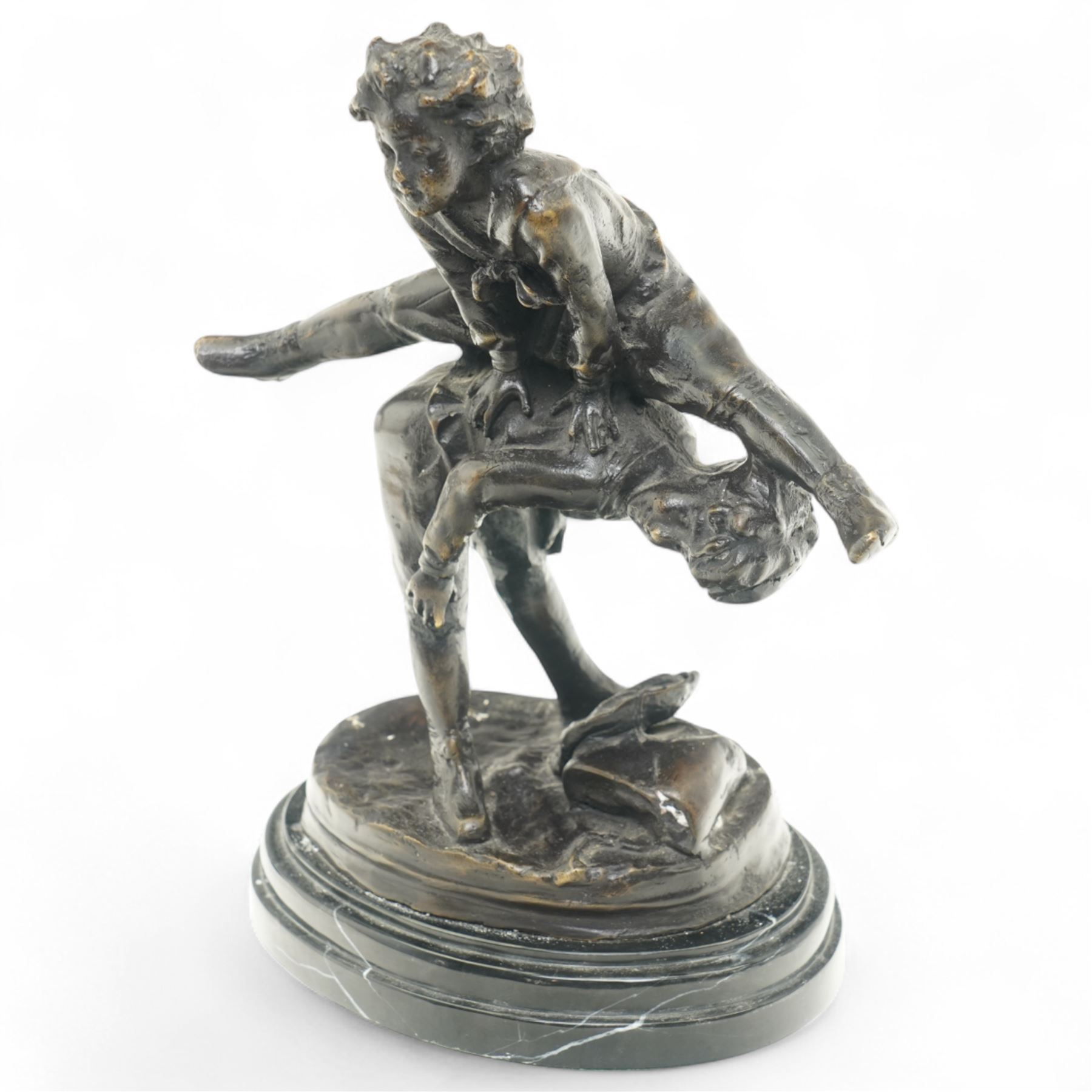 After Alfred Barye (French 1839-1882): Bronze figure of children playing leapfrog, H26.5cm 