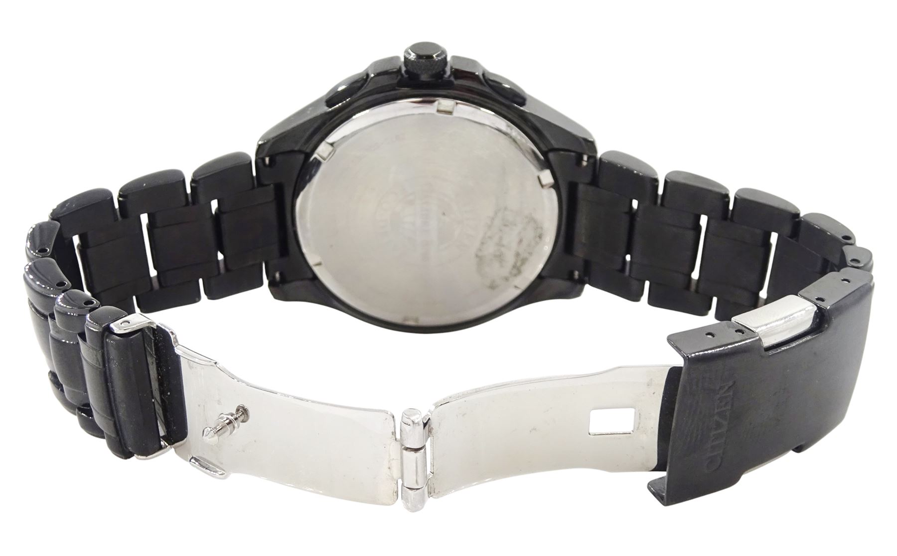 Citizen Eco-Drive Perpetual Calendar gentleman's black stainless steel quartz wristwatch, Ref. WR 100, on original strap with fold-over clasp