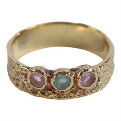 Pair of silver opal stud earrings, pair of silver blue opal stud earrings, pair of silver rose gilt cubic zirconia hoop earrings, silver ruby and opal ring, and silver gilt tourmaline ring