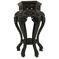 Chinese carved hardwood jardinière stand, inset marble top