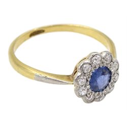 Early 20th century 18ct gold round sapphire and milgrain set old cut diamond cluster ring, stamped
