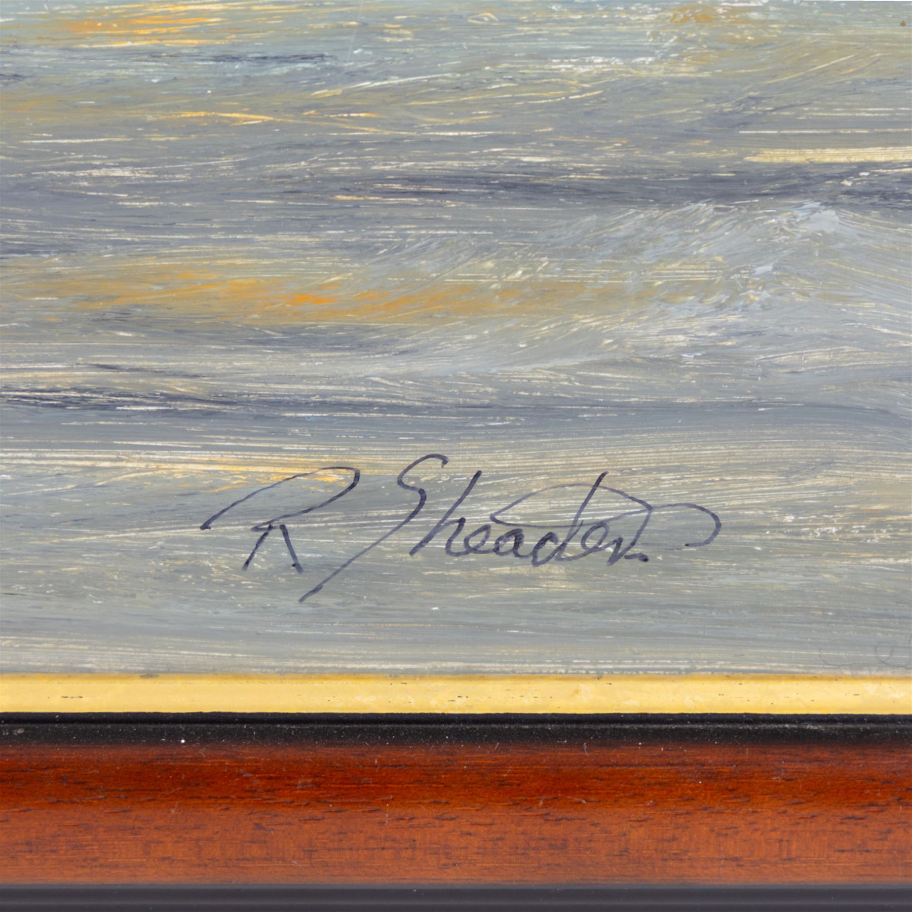 Robert Sheader (British 20th century): Fishing Boat on the Foreshore Scarborough by Moonlight, oil on board signed 45cm x 91cm