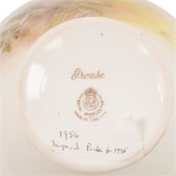 Royal Worcester large novelty cup and saucer, each hand pained, the cup with grouse, the saucer with stonechat