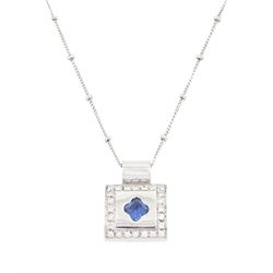 Portuguese 19ct white gold sapphire and diamond square pendant, rub over set quatrefoil cu...
